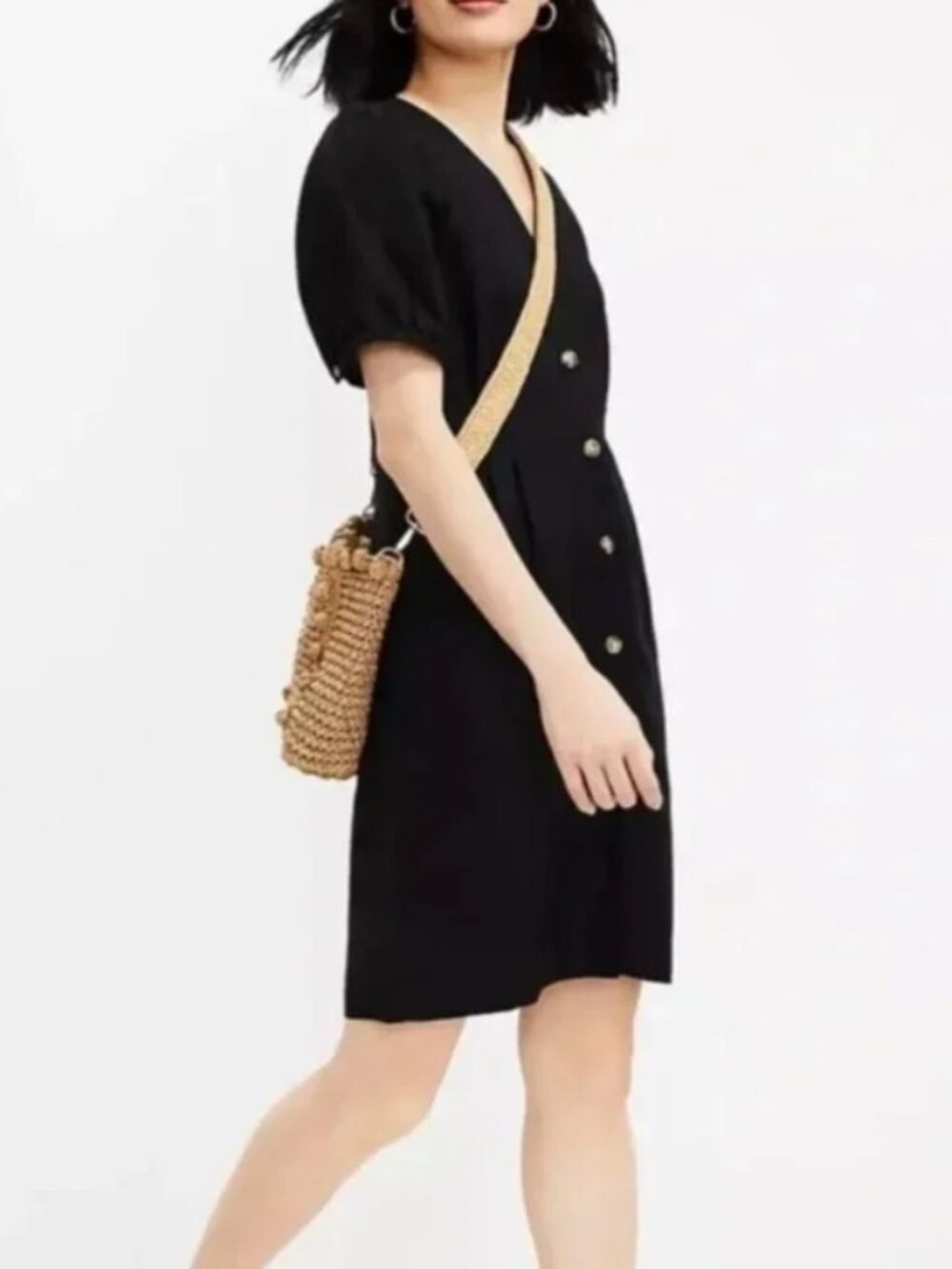 Loft Black Linen Button Down Puff Sleeve Dress - Size 10